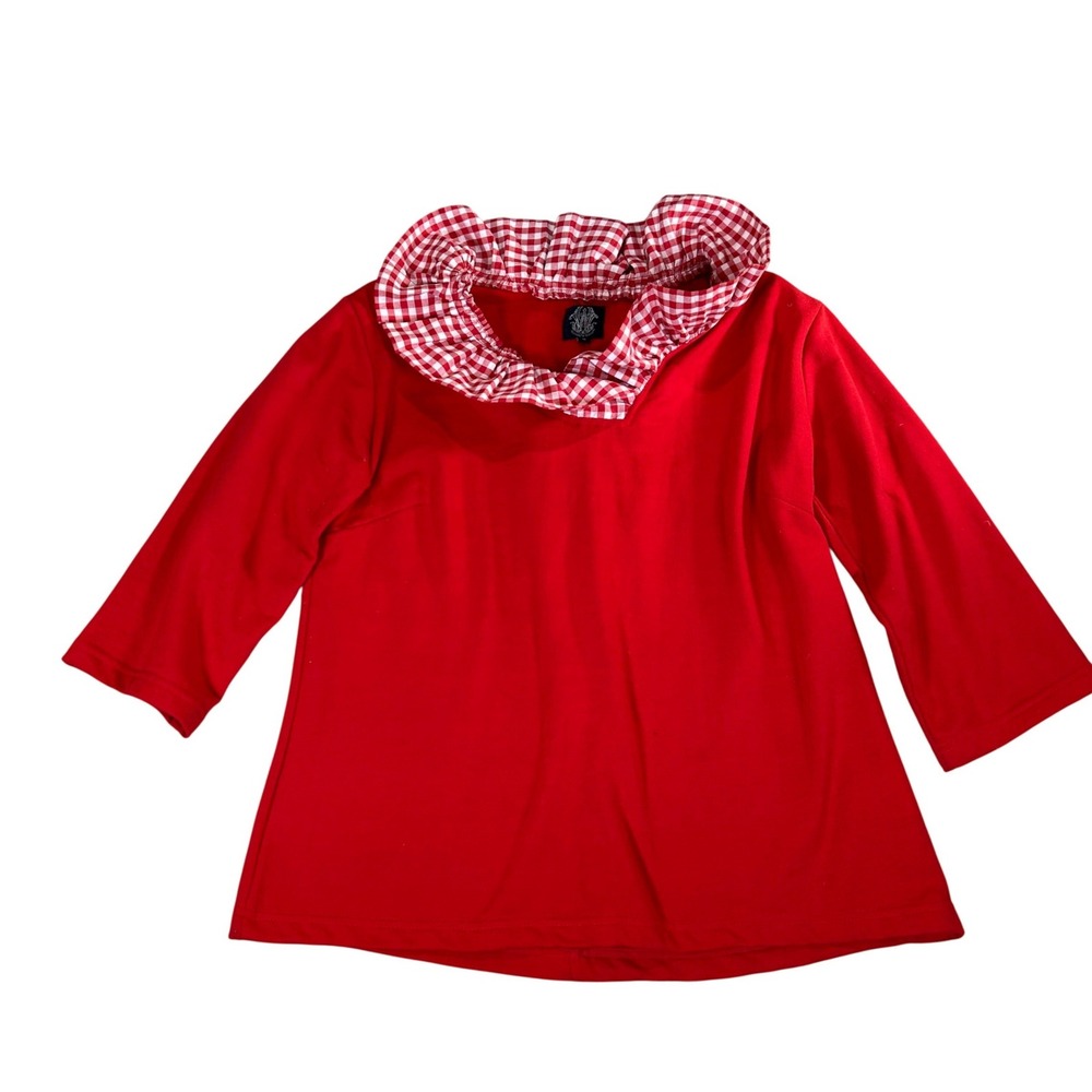 Elizabeth Wilson Red Gingham Ruffle‎ Neck Top Back Bows 3/4 Sleeve Womens Medium